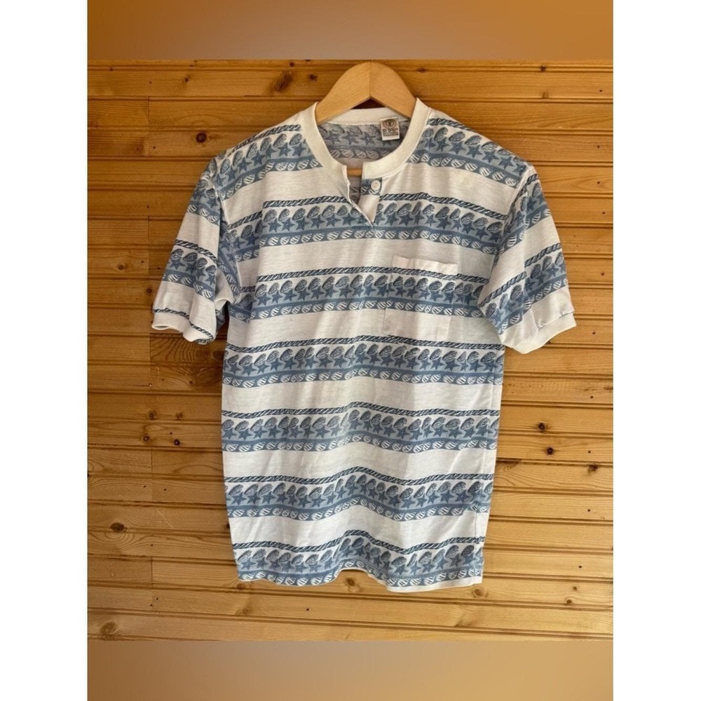 VTG 80s Gitano Henley Seashells Blue White Short Sleeved Small Shoulder Pads